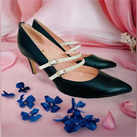 🎉HP🥳 Kate Spade Elpetha Heels in Black w/ Black Sparkle Heel & Cream Dbl Strap - Picture 1 of 16